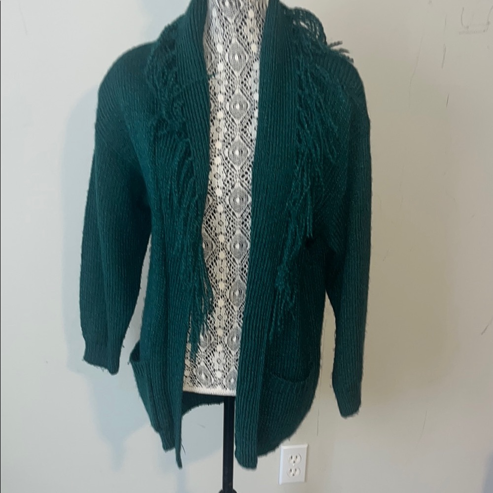 Fringed Teal Open-Front Sweater